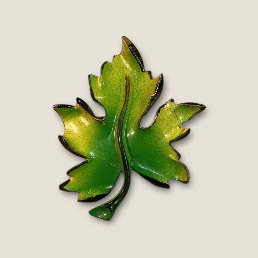 Vintage Green & Gold-Toned Enamel Leaf Brooch Pin